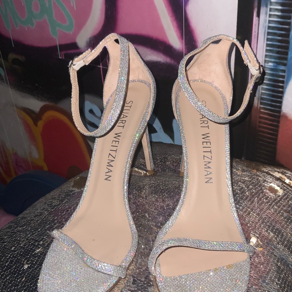 Stuart Weitzman Strappy Heel Sparkly Silver Glitt… - image 2